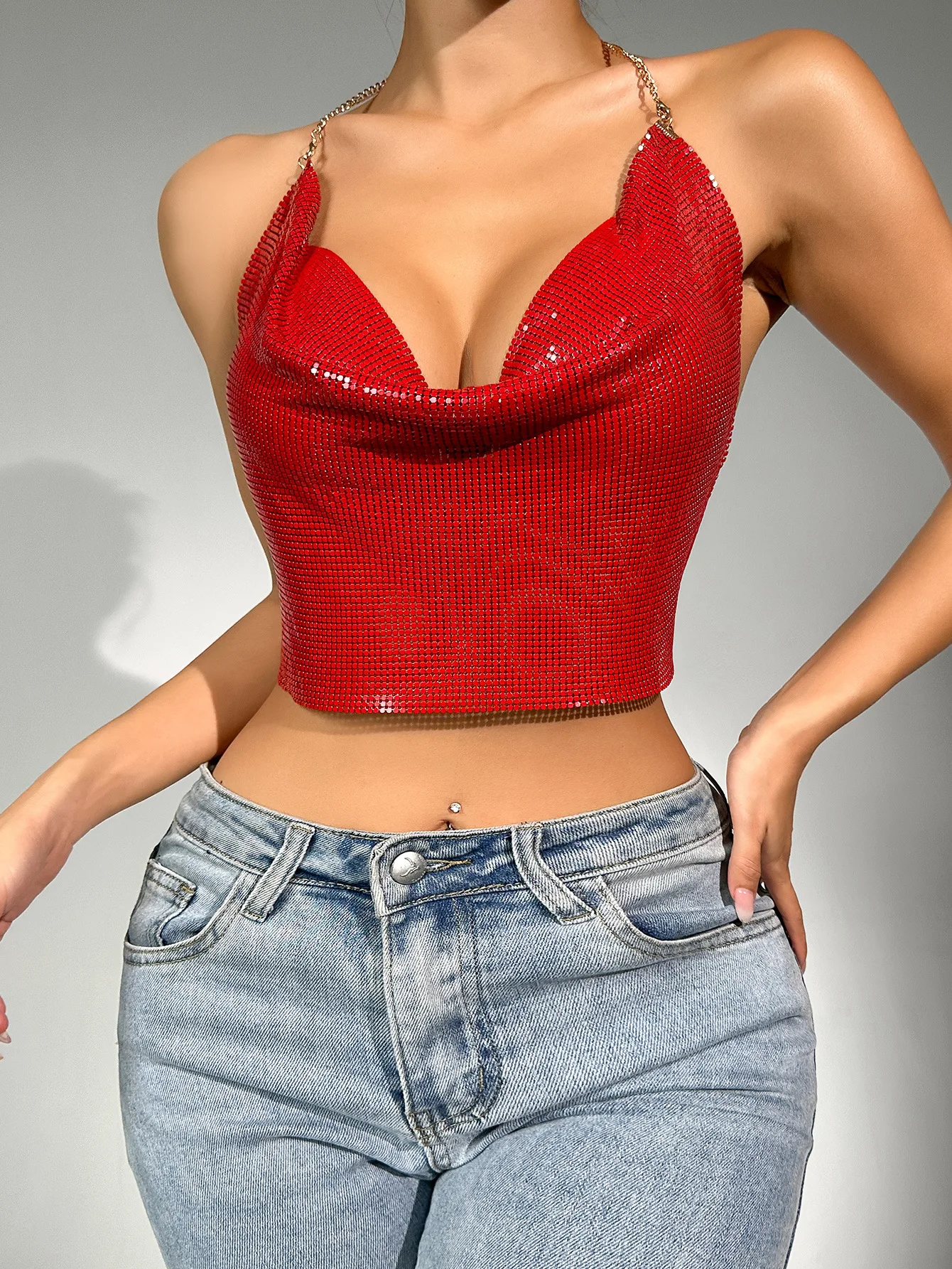 

Womens Sexy Chainmail Crop Topss Summer Deep V Neck Cami Slim Fit Casual Metal Cowl Party Top Red Blue