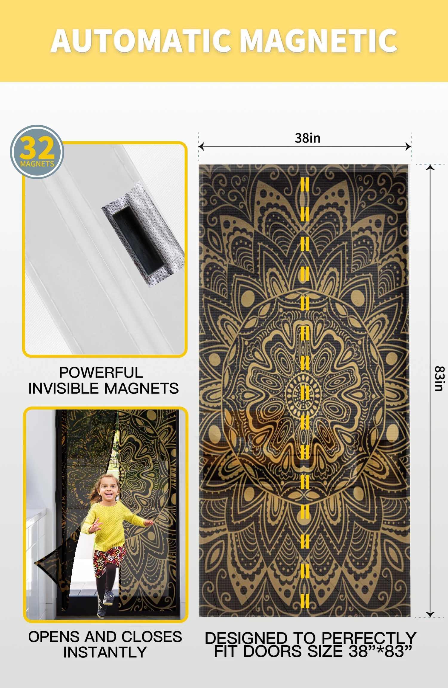 Mandala Flower Summer Magnetic Screen Door Curtains Mosquito Net Door Curtain for Bedroom Kitchen Door Screens