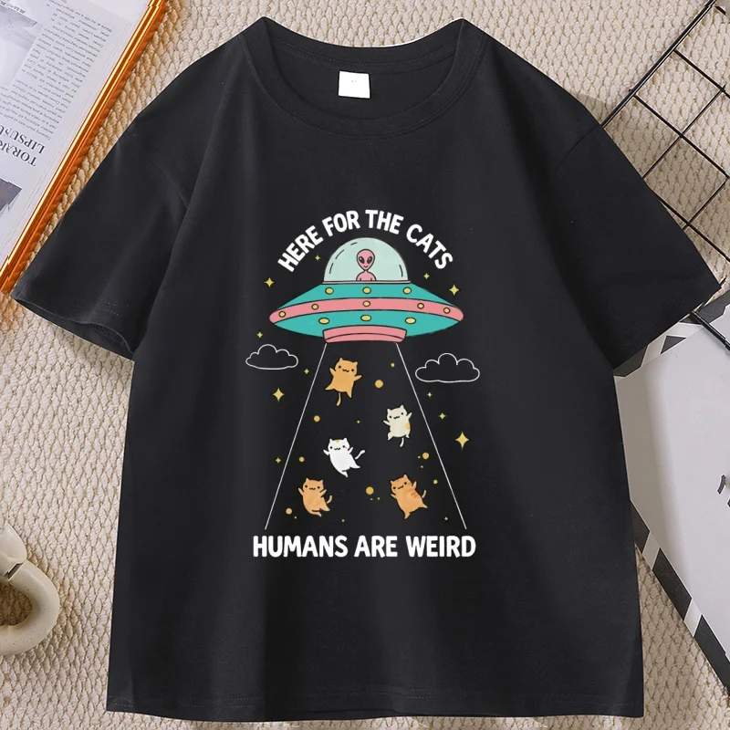 

Funny Cat T-Shirt Here for The Cats Humans Are Weird Tshirt Vintage Cartoon Tee Alien UFO Cat Lover Graphic Unisex T Shirt