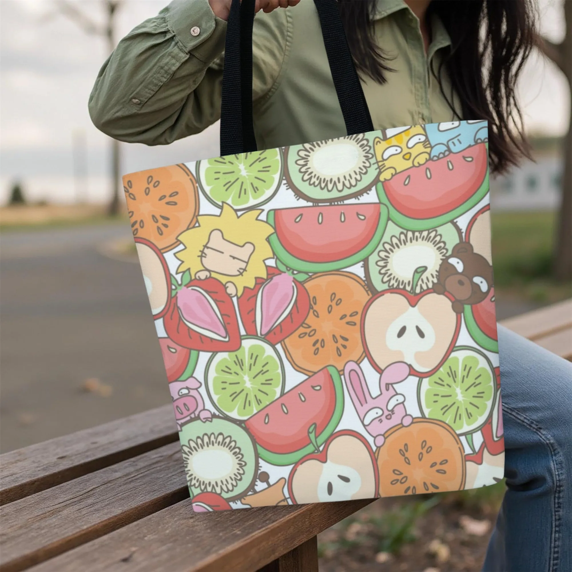 Cartoon Fruit Canvas Tote Bag Kawaii Illustration Shoulder Bag for Women Large Capacity Reusable Shopping Ideal for Daily Use