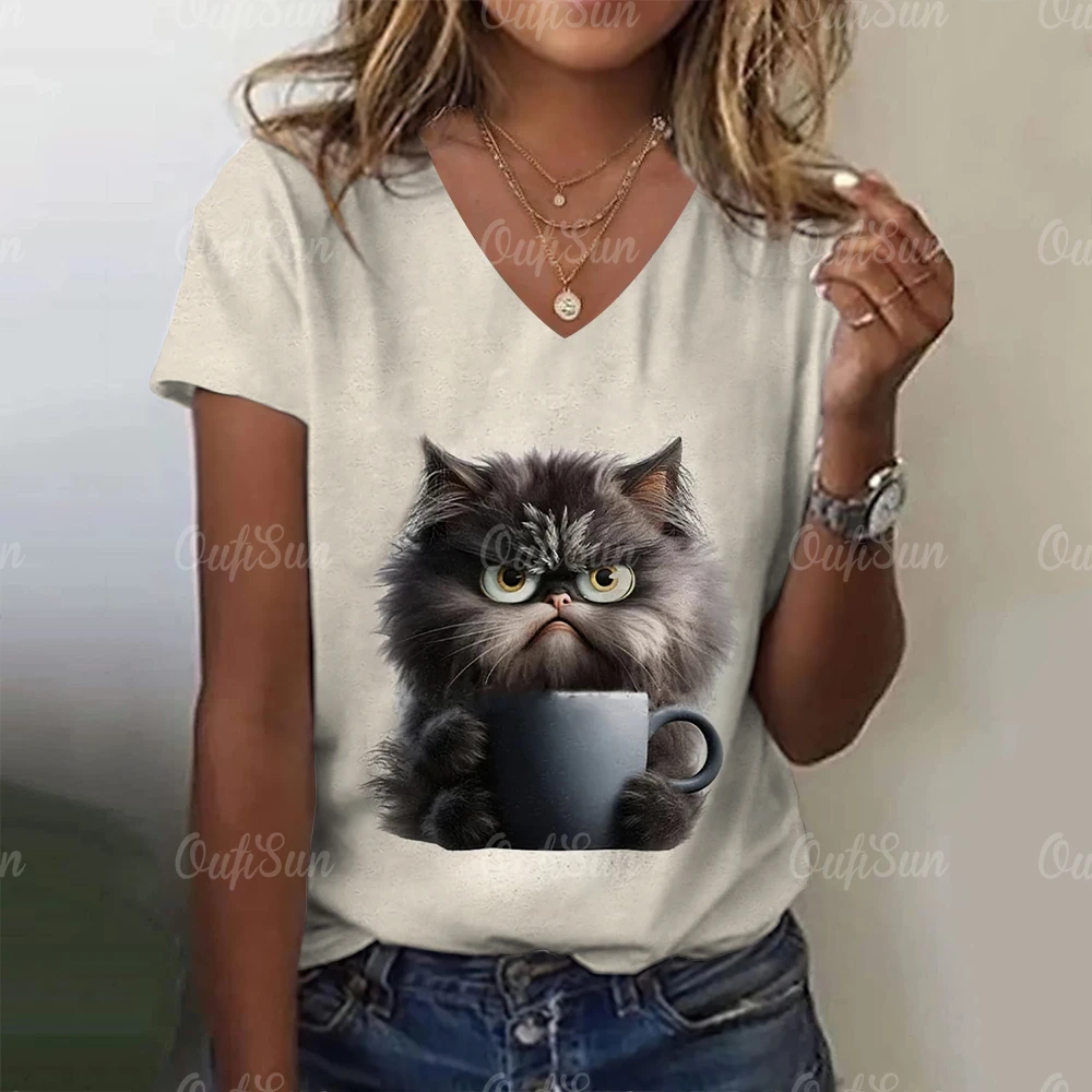 

Cute Cat Women's T-Shirt Casual Clothing For Ladies Summer Funny Fashion Blouse V-Neck Basis Short Sleeve Tops Female Loose Tees