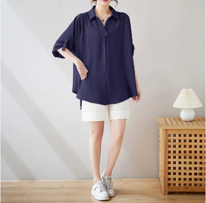 2025 Summer New Large-size Women's Solid Color Loose Belly-covering Medium-length Chiffon Top Short-sleeved Shirt