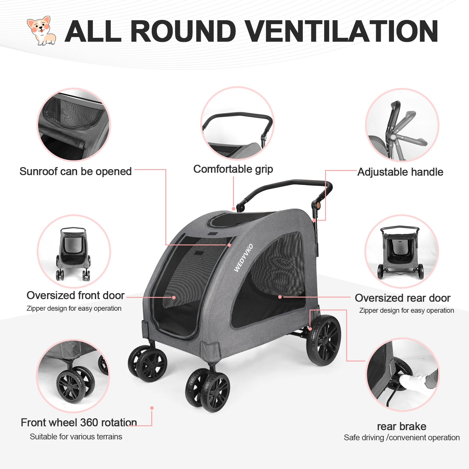 애완 동물 유모차, 고품질 3 큰 바퀴 애완 동물 강아지 고양이 트롤리 유모차 야외 여행 캐리어 고양이 개 애완 동물 카트 휴대용