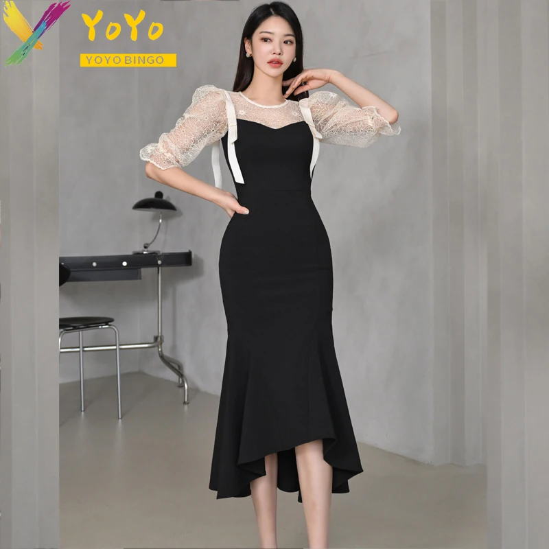 2024 New Korean Version Fashion Black Lace Stitching Bubble Half Sleeve Dress Slim Bodycon Mid length Fishtail Party Dress