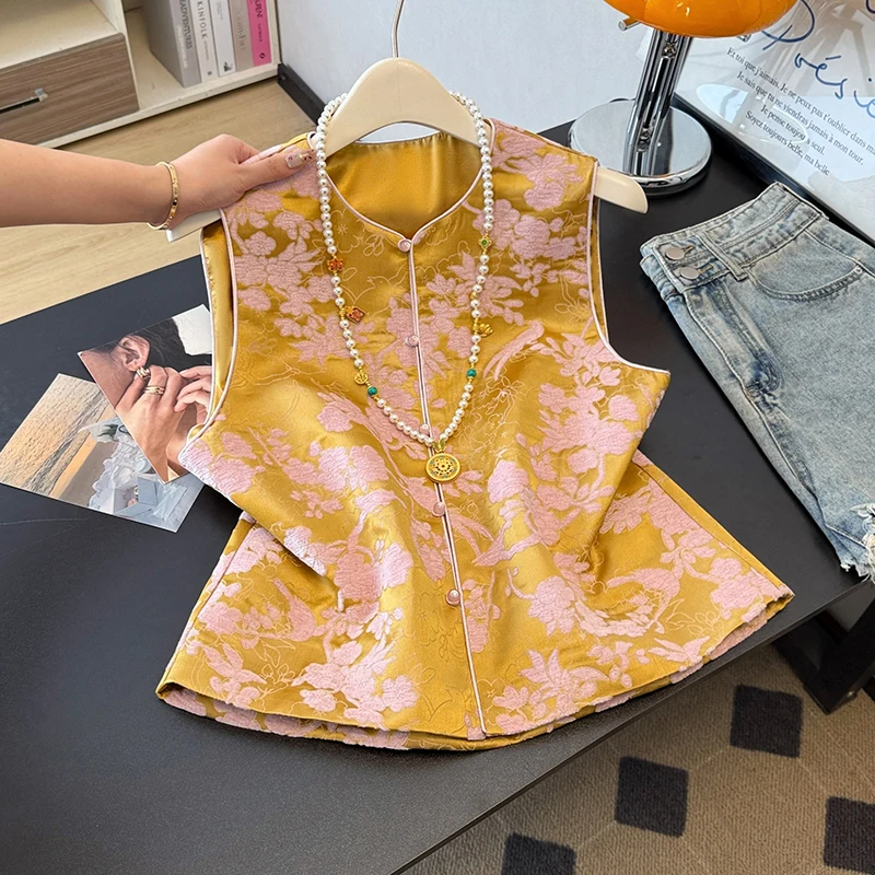 New Chinese Style Eastern Ancient Spring Autumn Silk Embroidered Jacket High-End Daily Wear Vest Floral Pattern round Neck