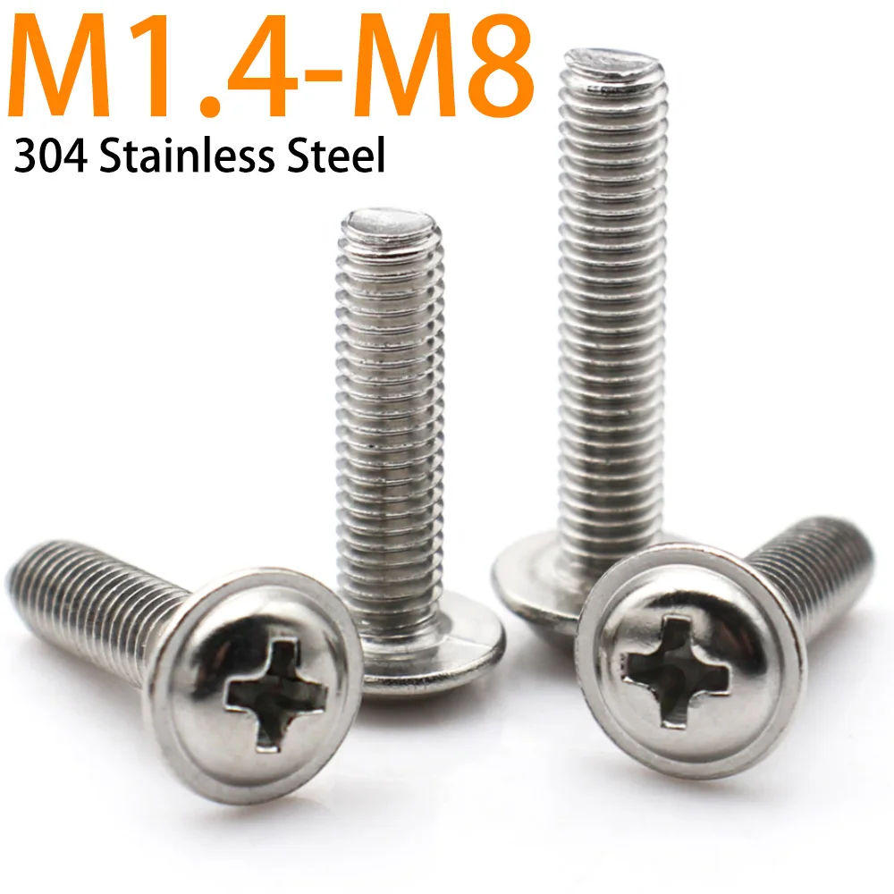 Phillips Pan Head Screws with Washer Laptop Computer Small Machine Screws 304 Stainless Steel M1.4–M8