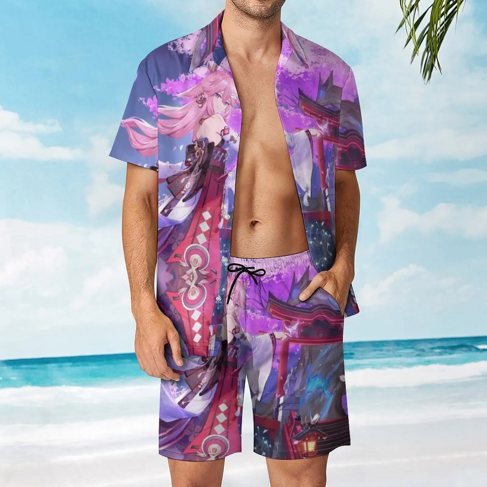 Traje de playa Sakura Bloom Genshin Impact para hombre, pantalón de 2 piezas, alta calidad, tallas de EE. UU.