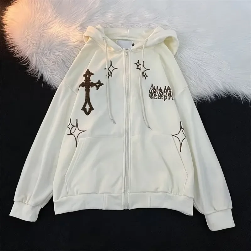 

Cardigan Hoodie, Unisex Style Cross Embroidered Couple Trendy Street Women's Handsome Hooded Loose Jacket