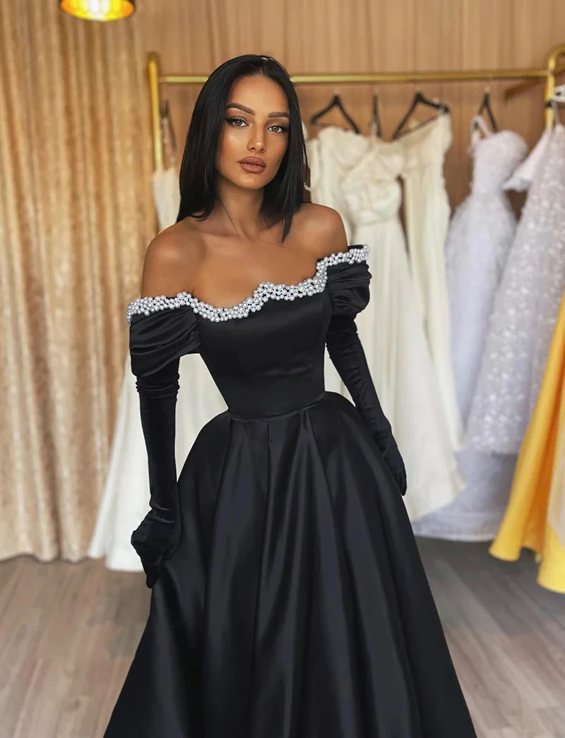 2024 Off-The-Shoulder Black Prom Dresses Pearls Satin Dubai Long Party Dress Luxury Arabic Women's Banquet Formal Evening Gowns