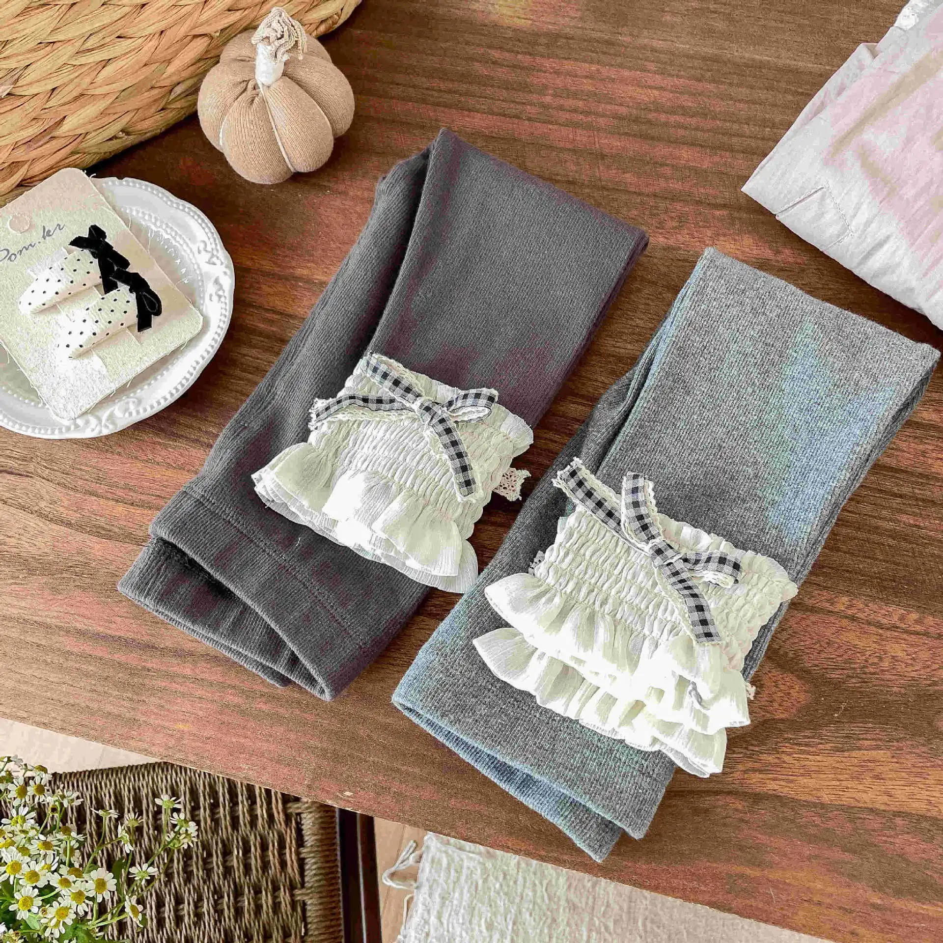 Cute Lace Leggings for Children, Gray Hems Resembling Butterfly Versatile Princess Long Pants for Baby Girls Spring Autumn