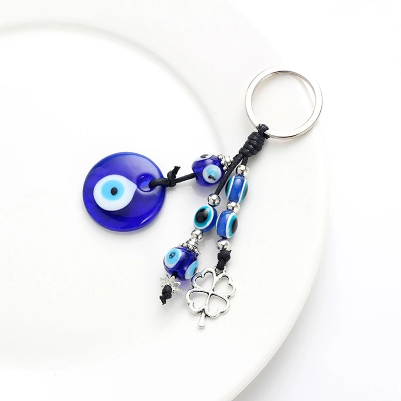 Blue Bead Tassel Keychain Turkish Blue for Evil Eye Pendants House Keychain Jewelry with Four Leaf Clover Charm Drop Shipping