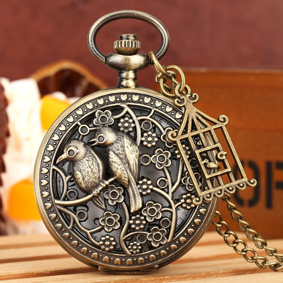 Two Little Birds Retro Style Quartz Pocket Watch Chain Steampunk Necklace Pendant Fob Watch Animal Clock with Birdcage Accessory