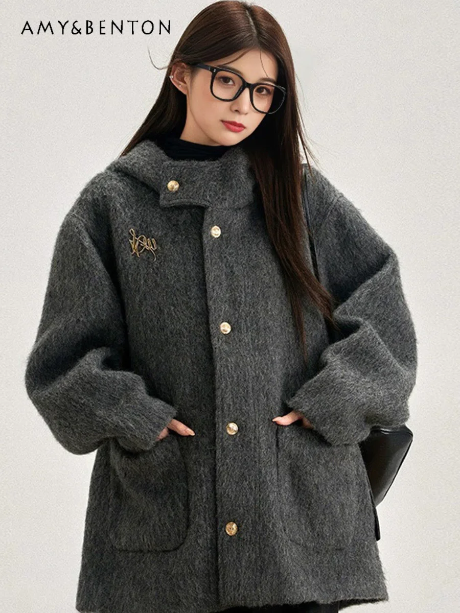 

Winter New Commuter Style Gray Thickened Mid-Length Hooded Quilted Coat Women Simple High-End White Duck Down Woolen Overcoat
