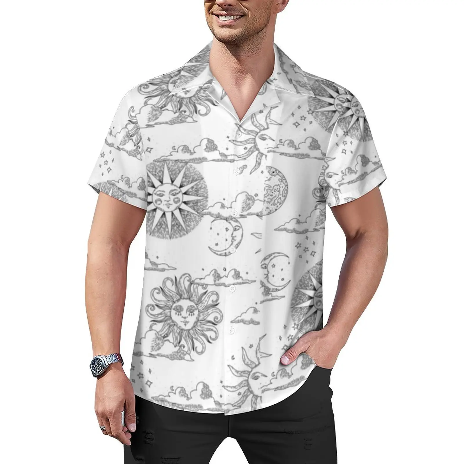 

Symbol Art Print Casual Shirt Black Sun And Moon Beach Loose Shirt Hawaiian Trending Blouses Short Sleeve Graphic Oversize Tops