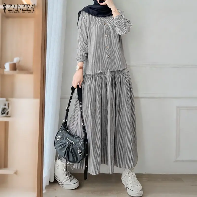 

ZANZEA Muslim Fashion Women's Striped Skirt Suits Long Sleeve Shirt & A-Line Long Skirt 2 Pieces Sets Female Loose Casual Outfit