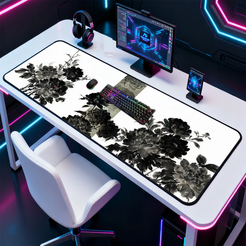 Japanese Mousepad Ink Floral Gamer Mat Large Gaming 1400x600 Monochrome Black White 1600x600 Deskmat 5mm Computer Giant