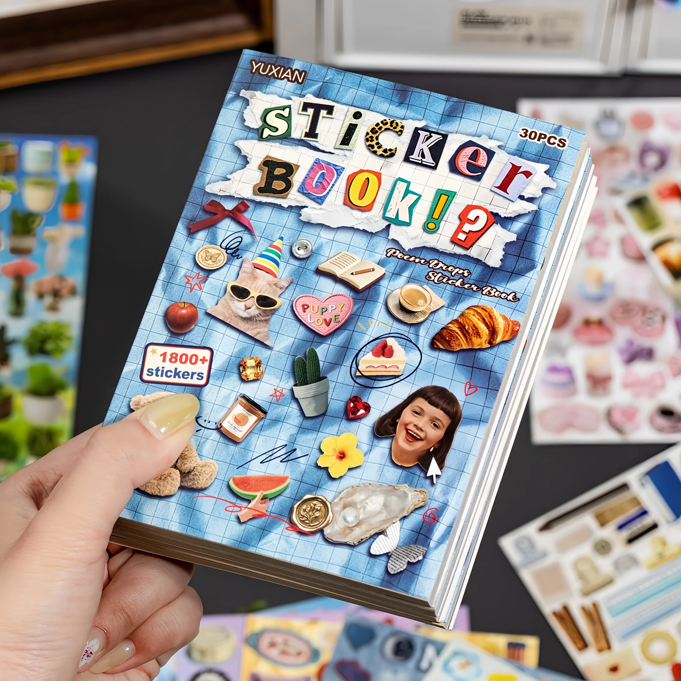 Alphabet and Number Sticker Book, American Retro Style Notebook, Sticker DIY Decoration Material Book, 30 Sheets/Set, Lots of Materials, Phone Case Decoration Stickers