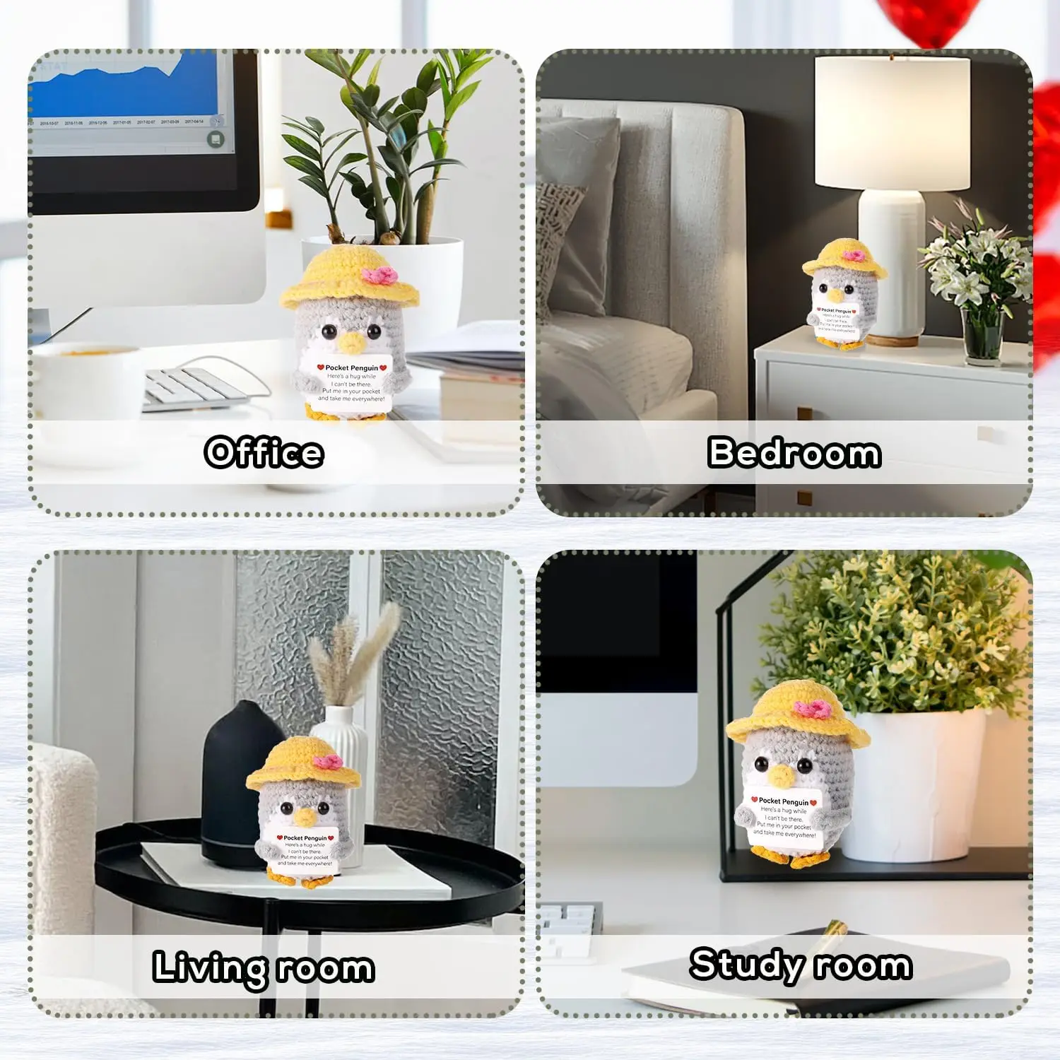 Funny Hug Pocket Penguin Dolls with Card  Cute Wool Crochet Emotional Support Penguin Doll with Summer Straw Hat Home Room Decor