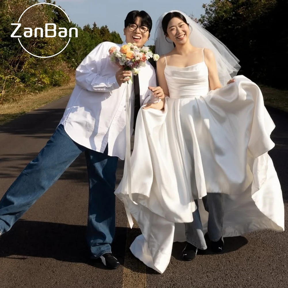 ZanBan Elegant Satin Spaghetti Strap Korea Wedding Dresses Customised 웨딩드레스 Photoshoot Bridal Gowns Lace Up Bridal Gown