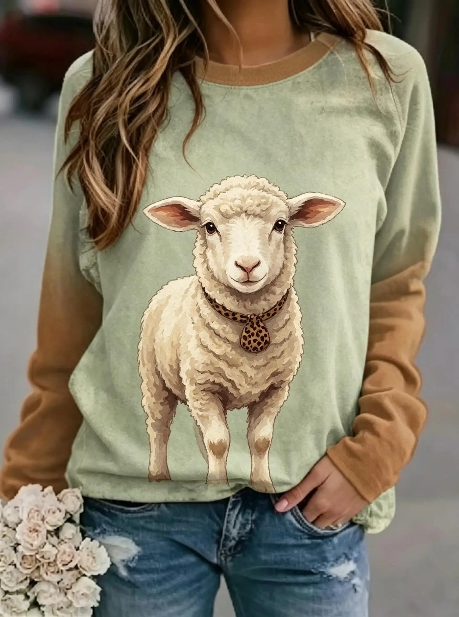 Women Long Sleeve Tee Top Cute Sheep Leopard Collar Print Autumn Fashion Casual Round Neck Sweatshirt Women's Clothes