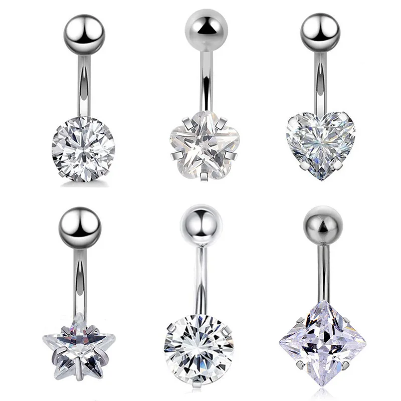 

Stainless Steel Umbilical Ring with High Quality Star Round Square Clear Zircon Classic Navel Belly Button Rings