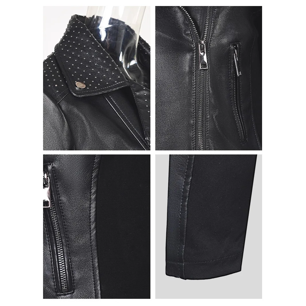 سترة نسائية لخريف وشتاء 2026، سترة جلدية رفيعة قصيرة من جلد البولي يوريثان بسحاب مائل #4