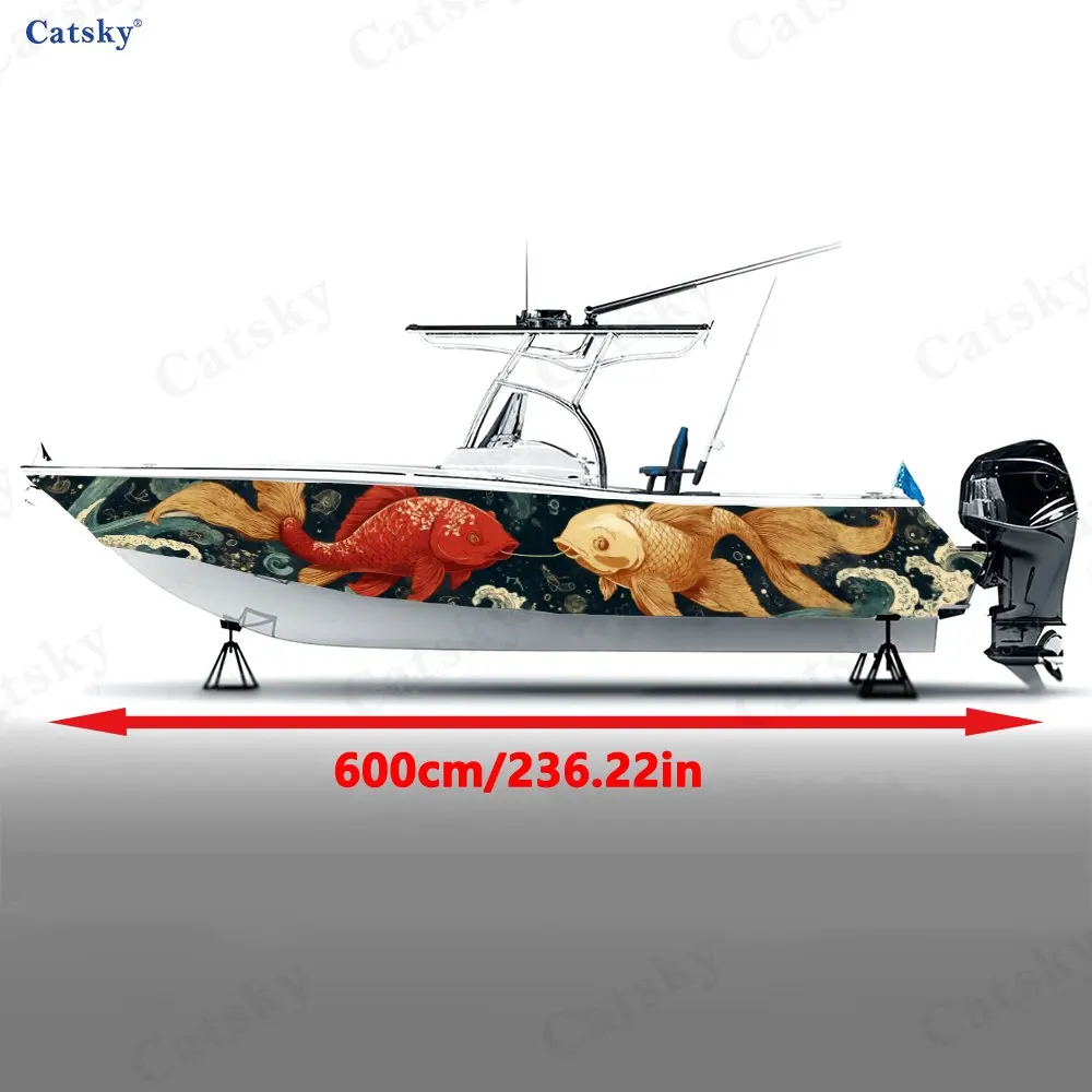 Red & Gold Koi Riding Waves Boat Sticker, PVC Waterproof Durable Vinyl Wrap Decals for Fishing Boats, Durable and Stylish Design