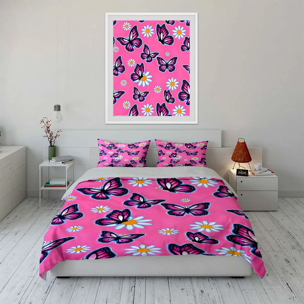 Pink background with butterflies and daisies Printed Duvet Cover Set 1 Duvet Cover+2 Pillowcase Multi Size Bedroom Bedding Decor 4