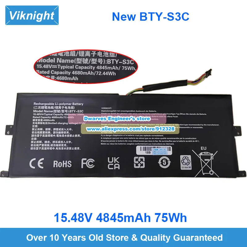 15.48V 4845mAh 75Wh Laptop Battery BTY-S3C For Prestige 13 AI Plus Evo A2VM 4ICP5/46/115 Laptop Battery
