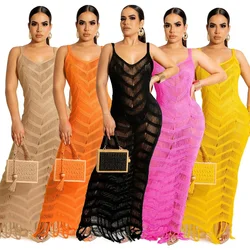 2022 New Crochet knitted Wave tassel Beach Maxi dress Women Swimsuit Cover Up Summer Outing Sexy Bikini Beachwear