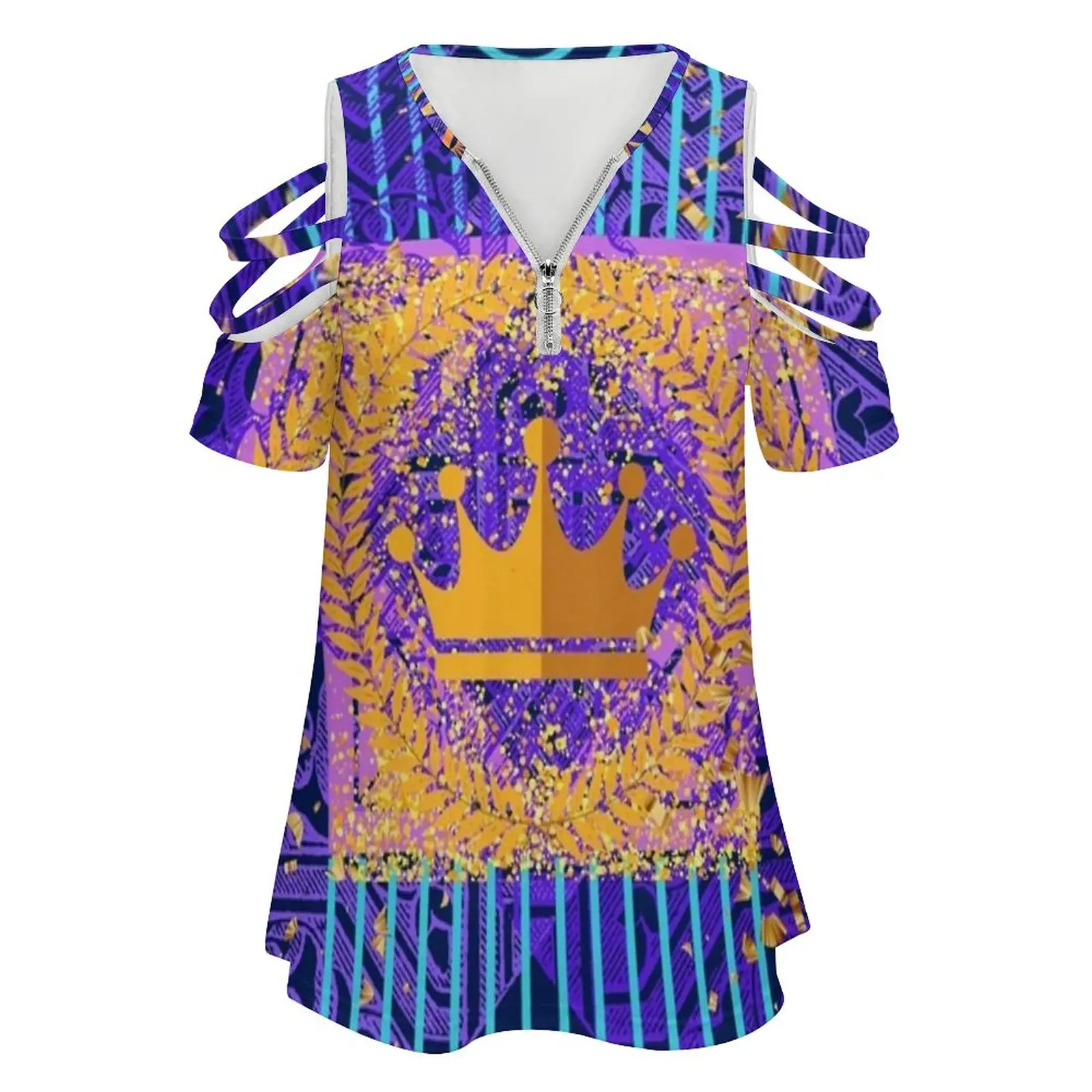 Crown Art New Fashion Zip Off Shoulder Top Short-Sleeve Women Shirt Crown Gold Blue Purple Artistry Orange Expressionism Gold