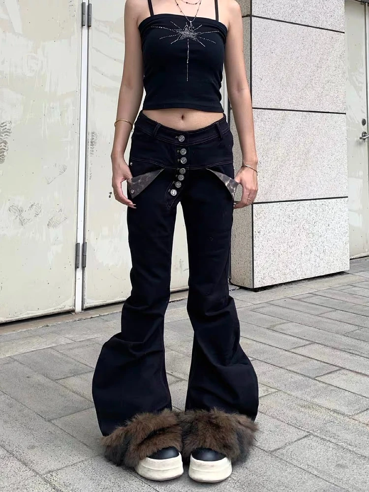 

High Waist Slim Fit Y2K American Style Denim Pants Women's Autumn Winter High Waist Bell Bottom Plush Splicing Long Trousers