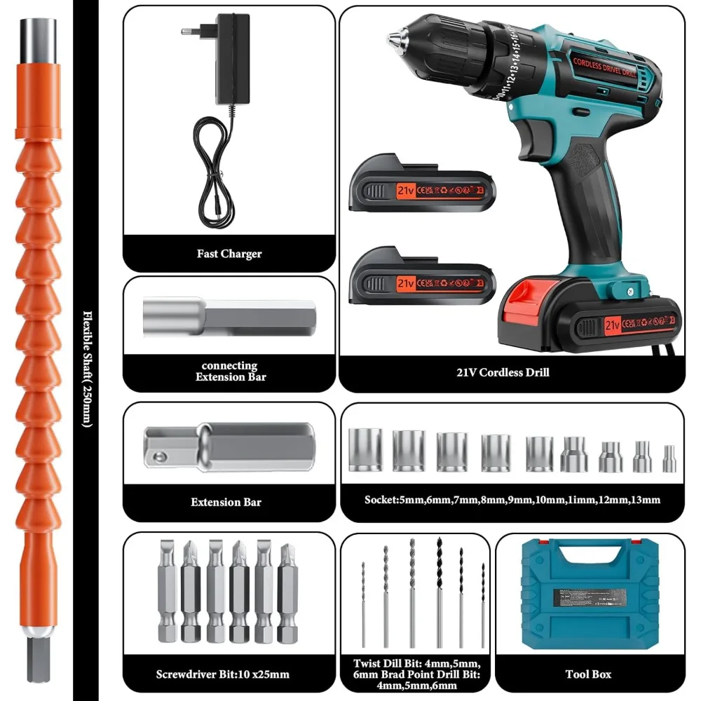 

21V Cordless Drill with 2-Battery and Charger, Electric drill Set,Power Drill Cordless with 3/8 Inch Keyless Chuck, 25+ 3 Clutch