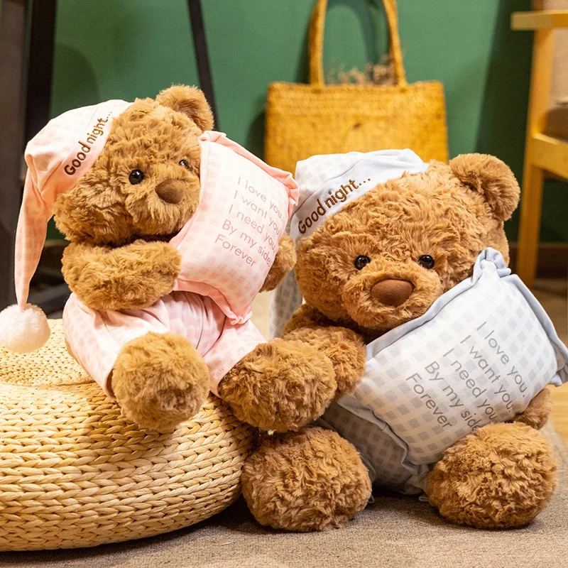 ليلة سعيدة النوم قبعة محبوب الدب ألعاب من القطيفة الحيوانات المحشوة منامة الدب بلوشي اللون البني الدببة دمى لعب لفتاة صبي