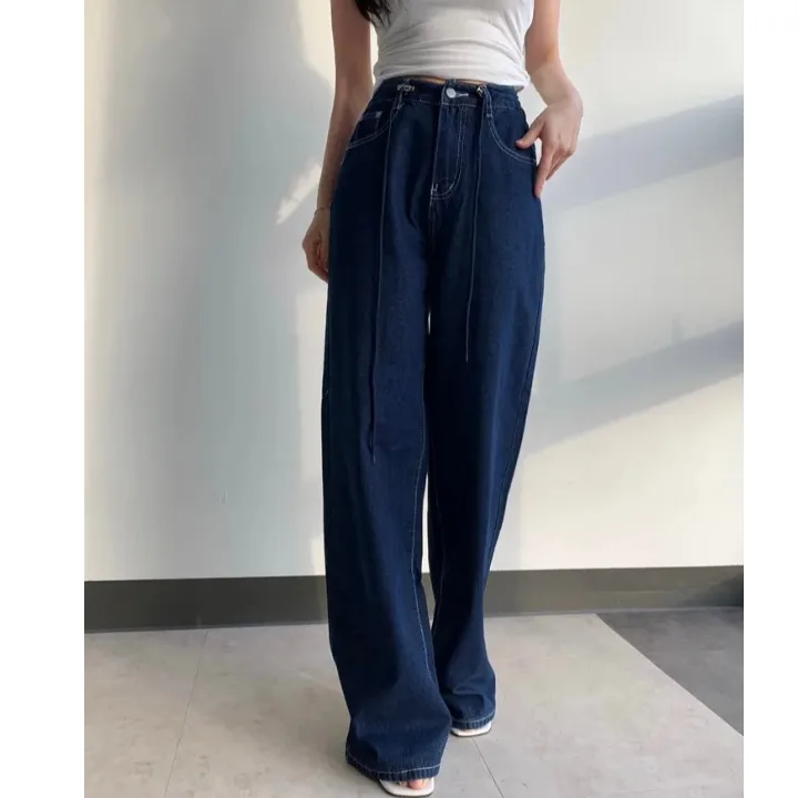 

High Waist Pure Color Net Board Belted Straight Leg Wide Leg Jeans Casual High Waist Long Pants Cotton 100% No Stretch