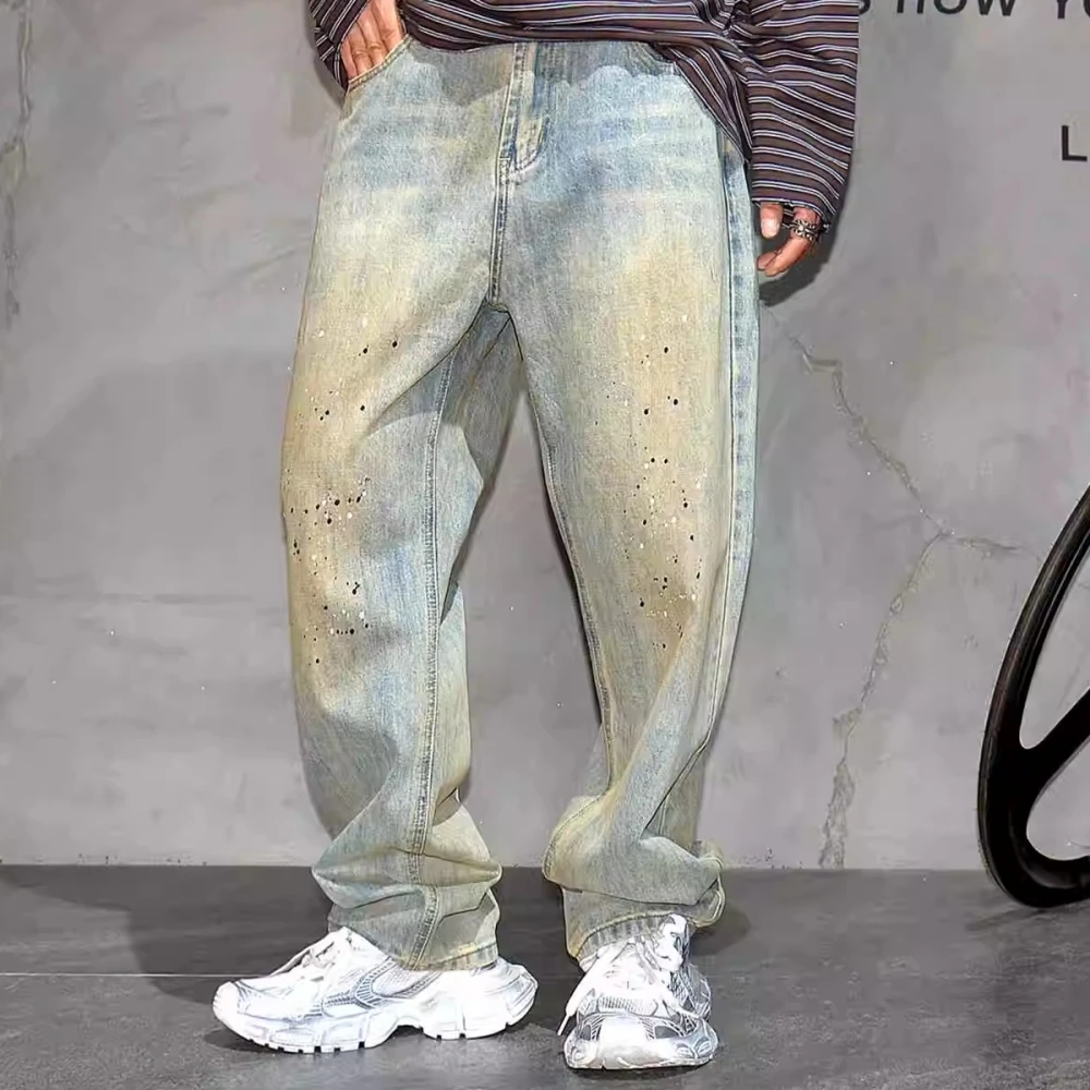 Amerikaanse vintage noodlijdende verf dot jeans met rechte pijpen herenkleding streetwear baggy denim broek harajuku casual broek