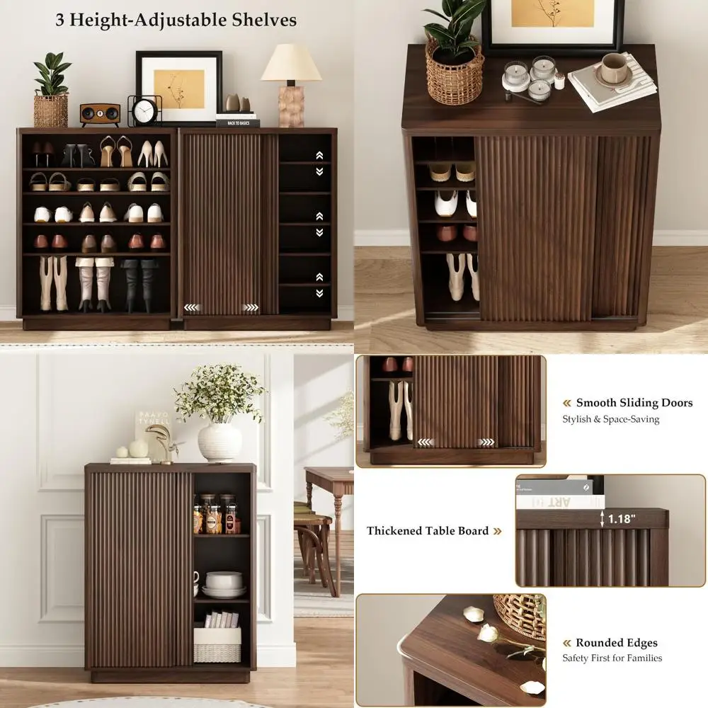 

6-уровневый деревянный шкаф для обуви из орехового дерева с раздвижными дверцами и регулируемыми полками для хранения в прихожей