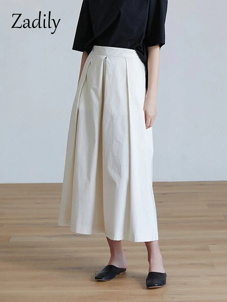 2023 Summer Office Lady High Waist Mid-Calf Woman Pleated Skirt Korea Style Loose Skirt Work Ladies A-Line Skirts