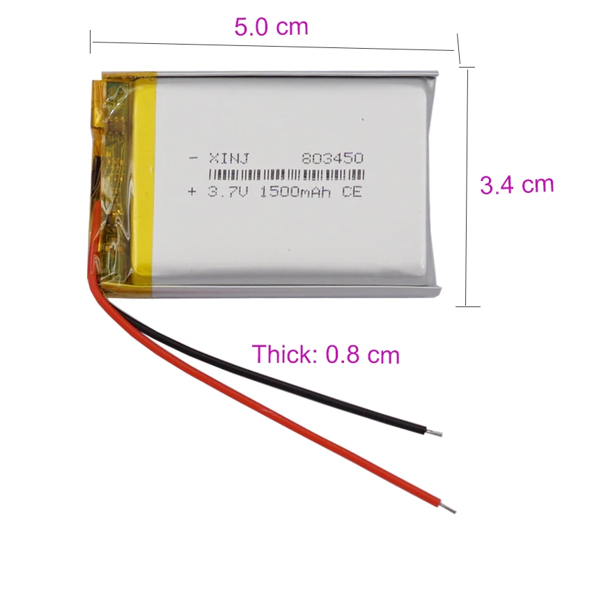 3.7V 1500mAh 5.55Wh Li-Polymer Li Lithium Battery 803450 Li-pol JST 2Pin 1.0/1.25/1.5/2.0/2.54mm Connector For GPS Camera LED