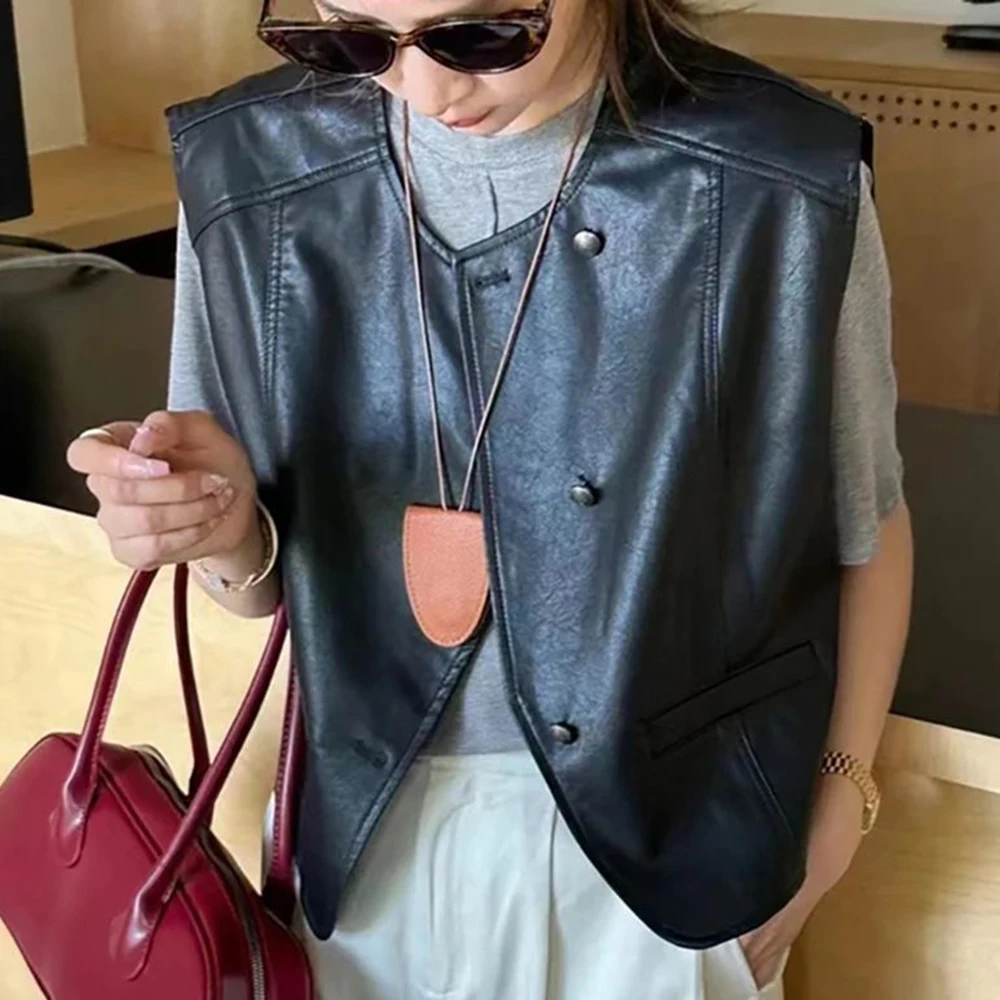 Retro leather vest women's exterior 2025 spring new Ankela red sleeveless camisole leather jacket  vest for women