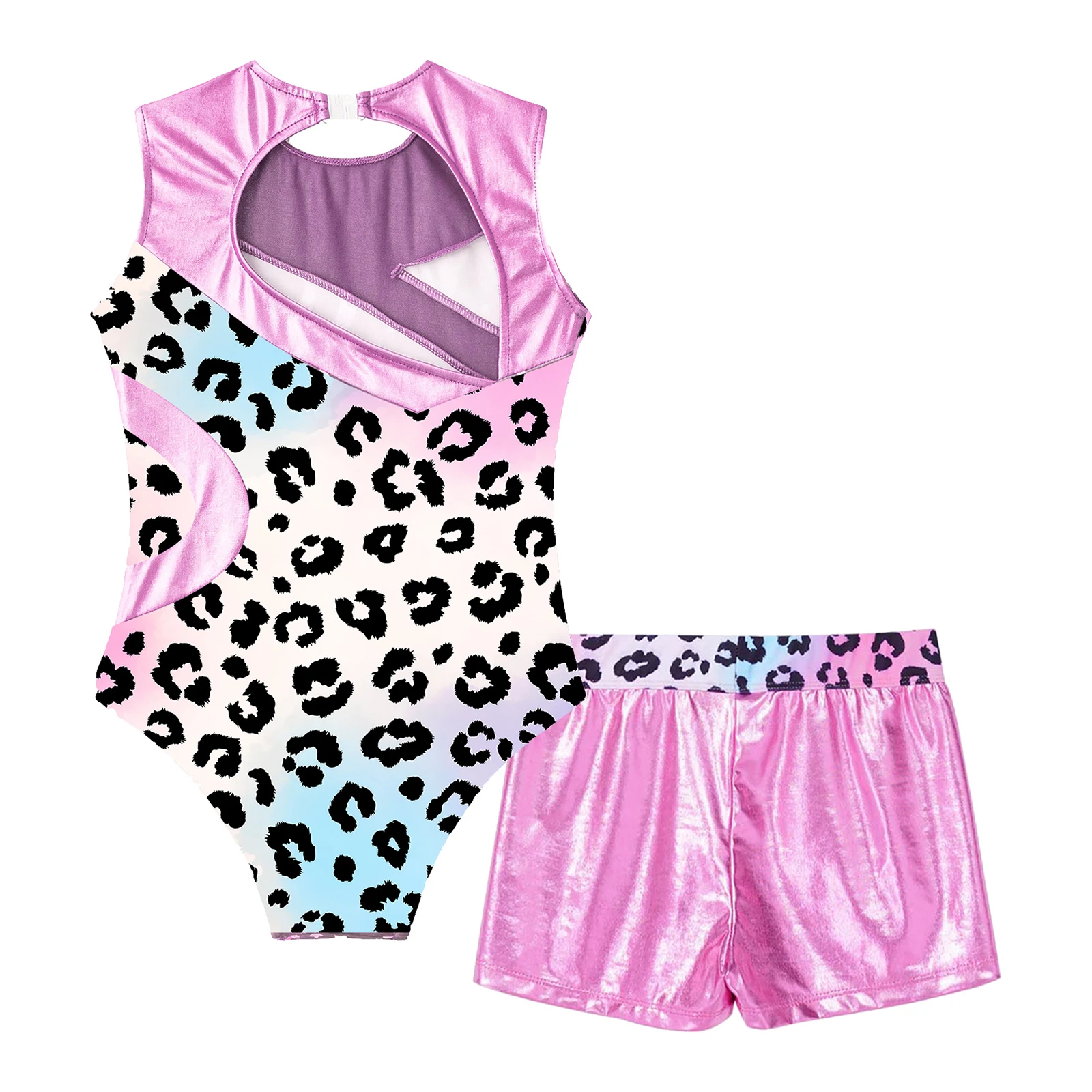 Ballet Leotard Dancewear for Kids Girls Sleeveless Hollow Out Printed Patchwork Bodysuit + Shorts Set for Dance Gymnastic Sports