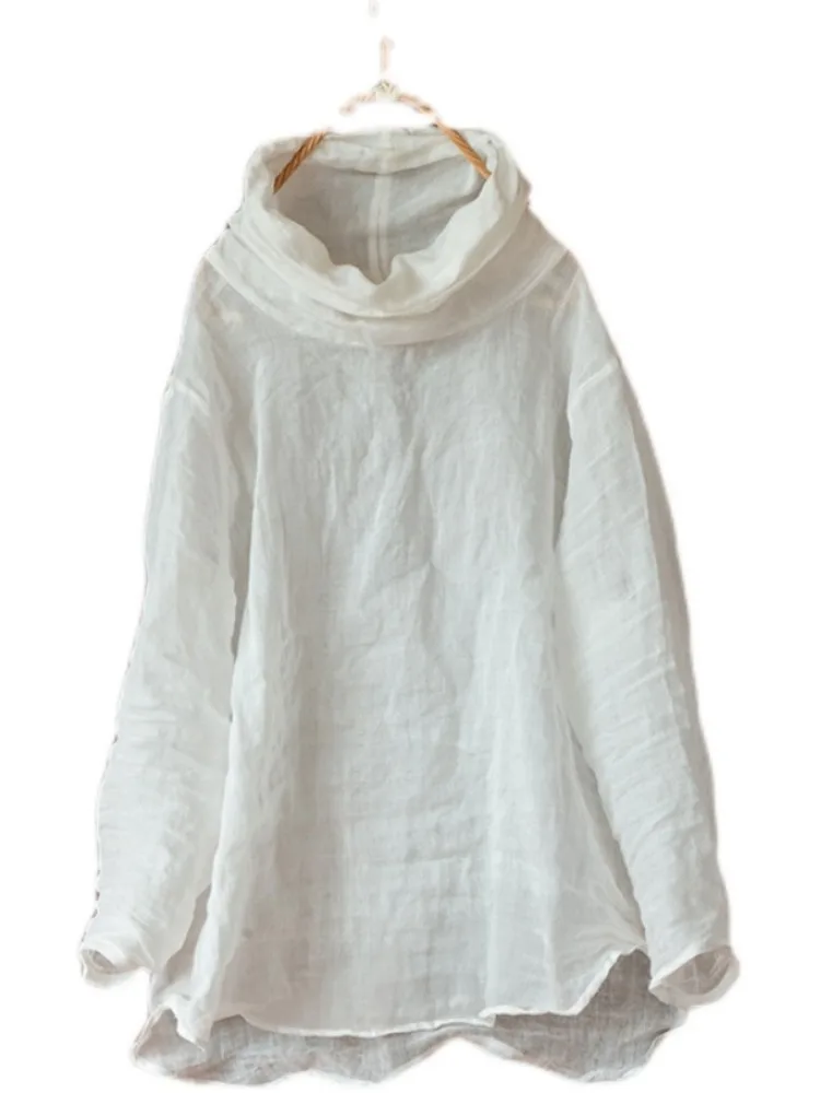 قميص فني بلون نقي من الكتان للنساء، فضفاض ومقاوم للشيخوخة، طبقة أساسية بأكمام طويلة وياقة دائرية، أسلوب عملي، موضة الخريف #5