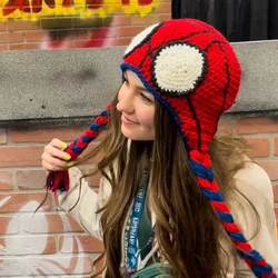 Marvel Spiderman Knitted Hat Cartoon Anime Spider Web Red Knitted Bomber For Men Women Streetwear Winter Warm Y2k Tassel Beanies