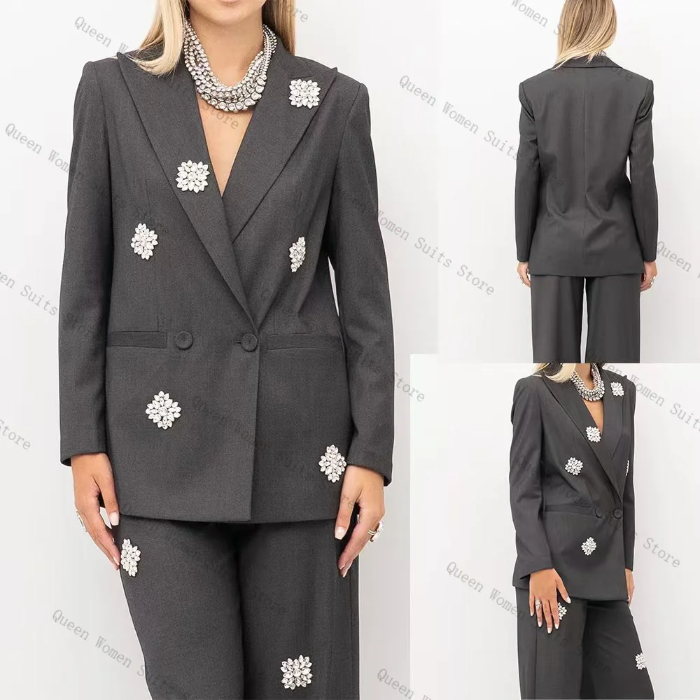 Grey Women Suit Set 2 Piece Crystals Blazer+Pants Trousers Formal Office Lady Jacket Autumn Cotton Wedding Guest Coat Customized