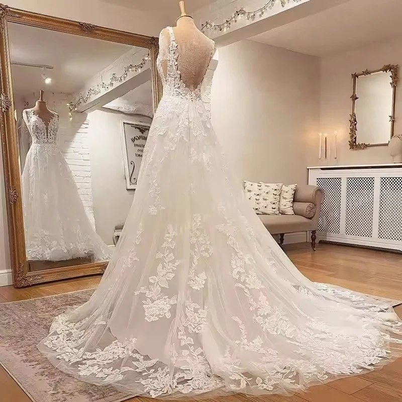 Deep V Spaghetti Strap Lace Wedding Dress 3D Floral Appliques Illusion Open Back Tulle A-Line Chapel Train Customiz 2026