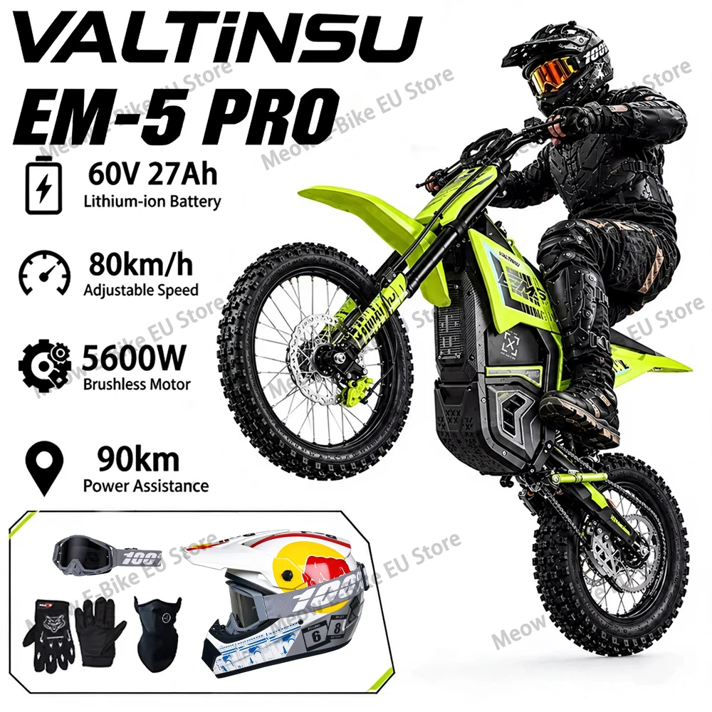VALTINSU EM5 Pro Moto Elettrica da Fuoristrada Motore 5600W Velocità Massima 80 Km/h Autonomia 90 km Batteria 60V 27Ah con BMS Pneumatici 17'/14' Luci e Display Sospensioni Doppie e Freni Idraulici