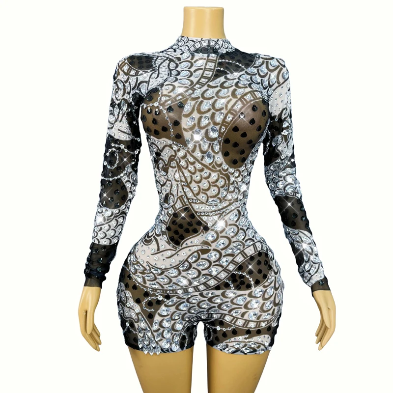 フルラインストーンメッシュボディスーツ女性ジャズダンス衣装コスプレゴーゴー衣装バー DJ DS ナイトクラブポールダンス衣装 XS10131
