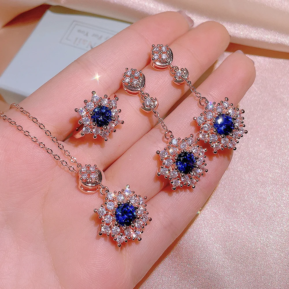 Classic rose golden new in snowflake jewelry sets exquisite sparkling wedding blue three piece necklace earrings for women ring