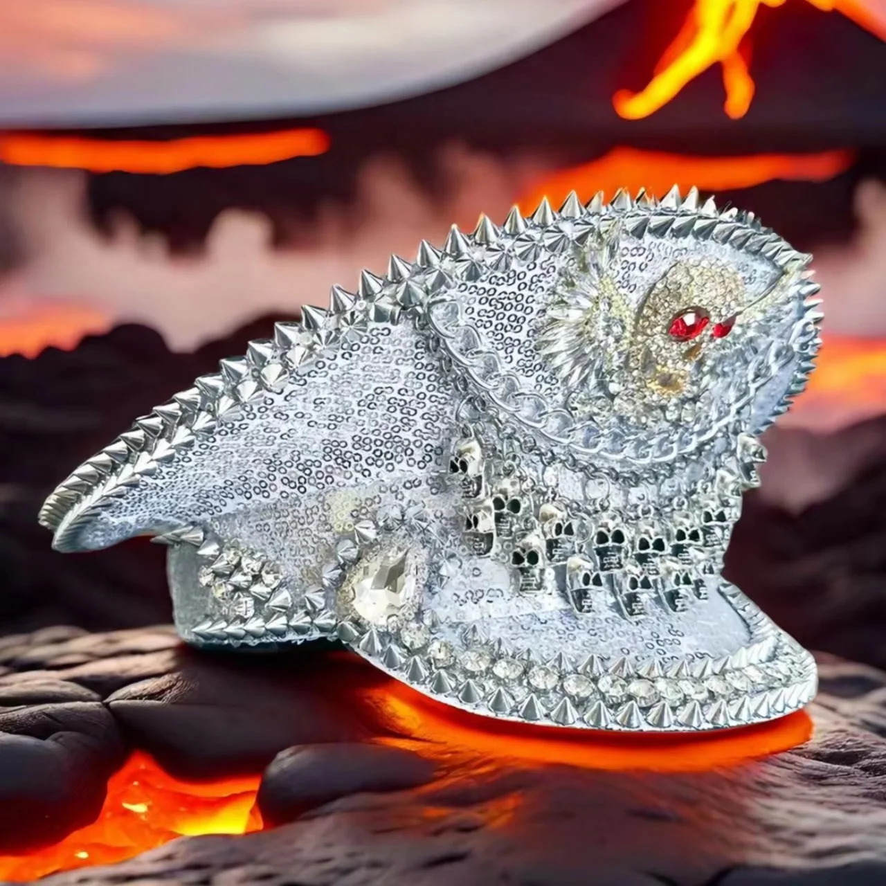 HongLuan Gelber Laser-Leder-Loop-Kapitänshut mit Strasssteinen und Militärkappen für Damen, Rave-Festivals-Accessoires und Partymütze für Herren