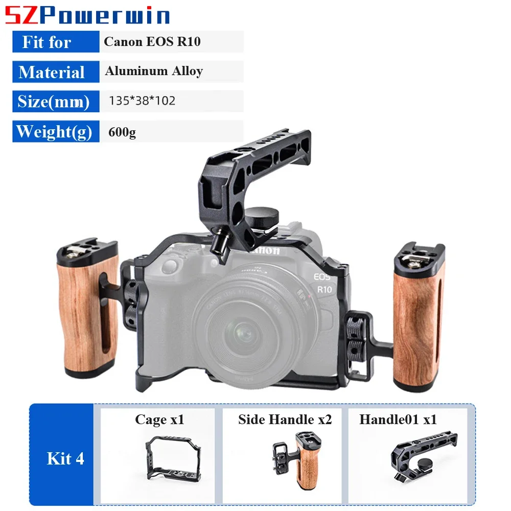 Powerwin For Canon EOS R10 Camera Cage with wooden Handle Kit  Multifunctional Arri Locating Protective Frame Aluminum Alloy